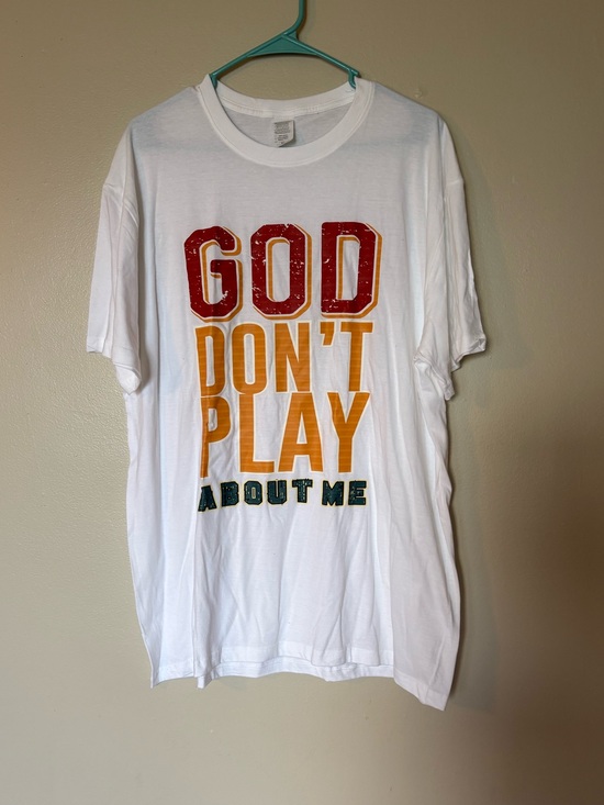 Other - Graphic Tee "GOD DON'T PLAY ABOUT ME" - White with Red, Yellow, Green Print